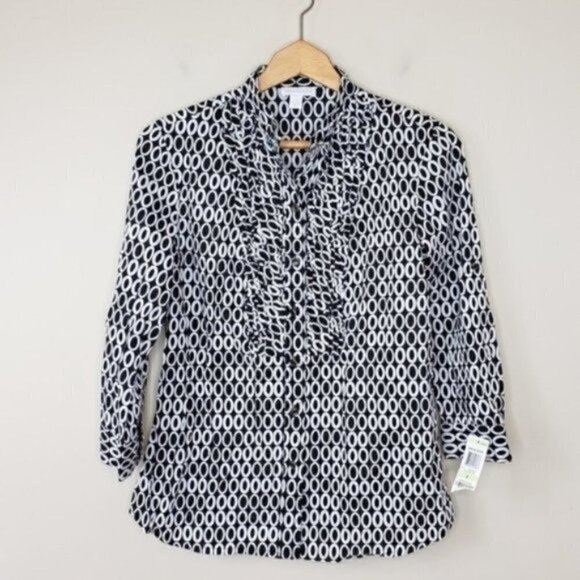 NWT Charter Club | Black & White Oval Print 3/4 Sleeve Shirt Size 4 - Picture 1 of 6